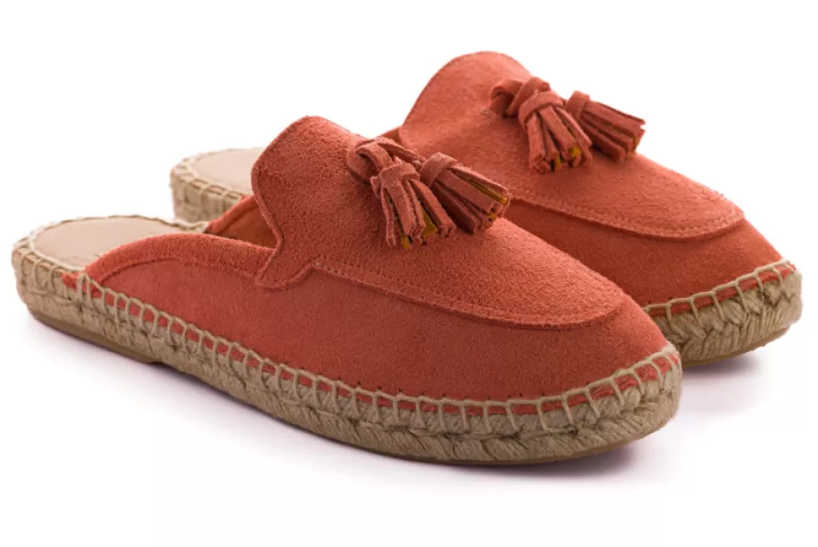 Abarca Shoes Mocasin Abierto Borlas Piel Coral-Women Moccasin Espadrille